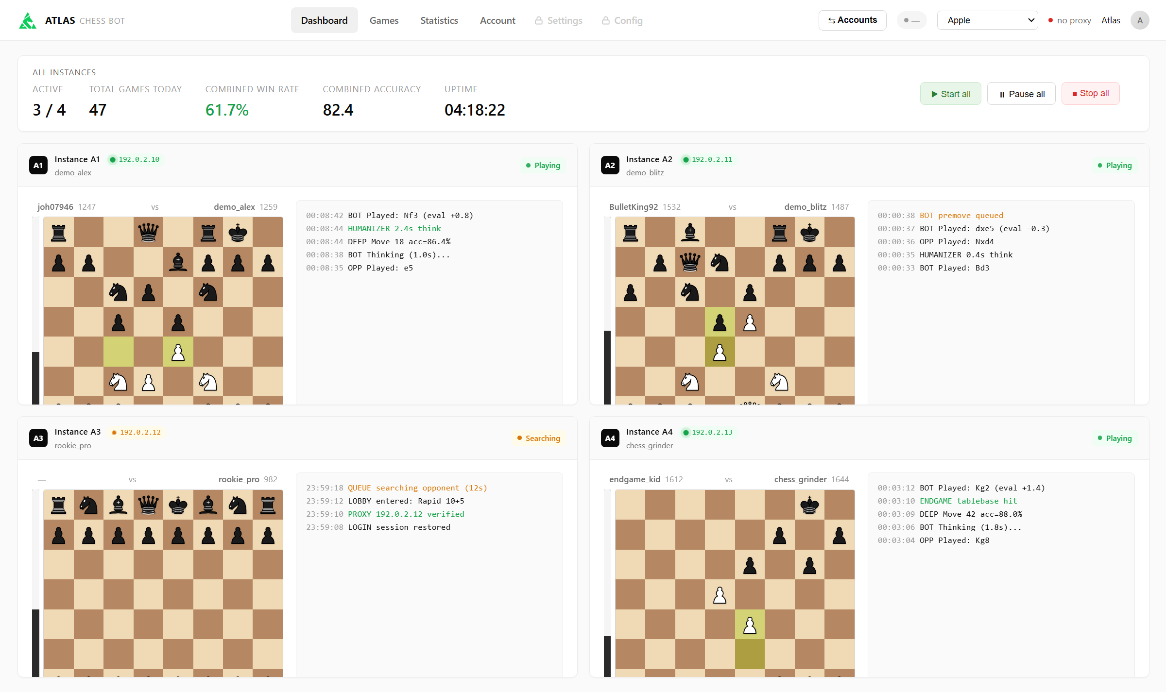 Chesscheats desktop move assistant for Chess.com showing live boards, engine suggestions and auto-play controls