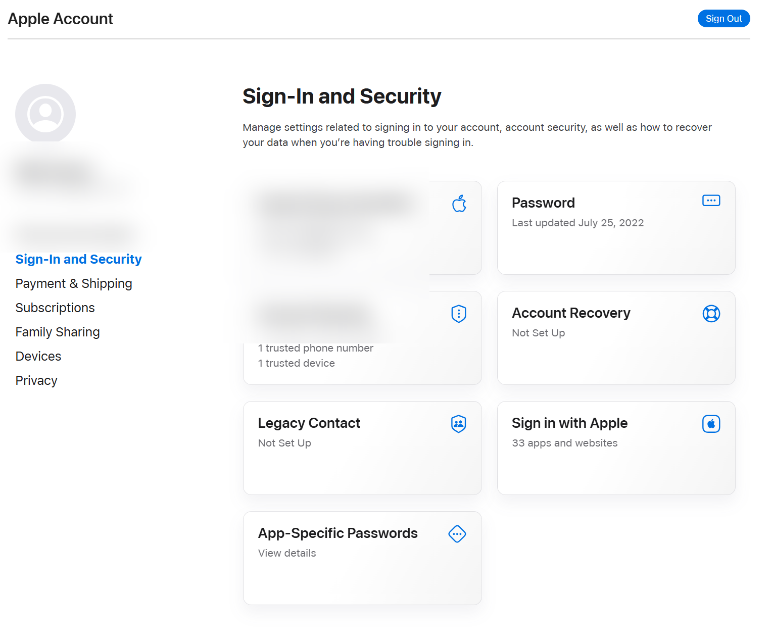 Screenshot: Sign-In and Security page showing App-Specific Passwords card