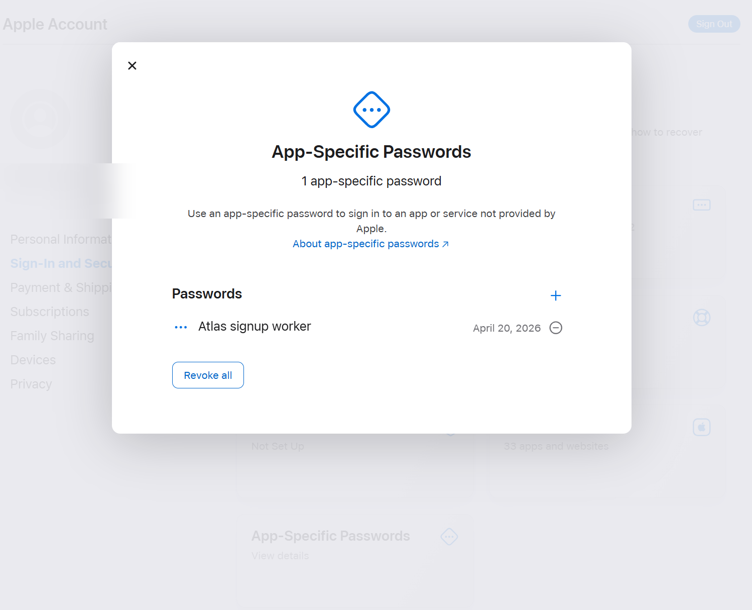 Screenshot: App-Specific Passwords modal with + button
