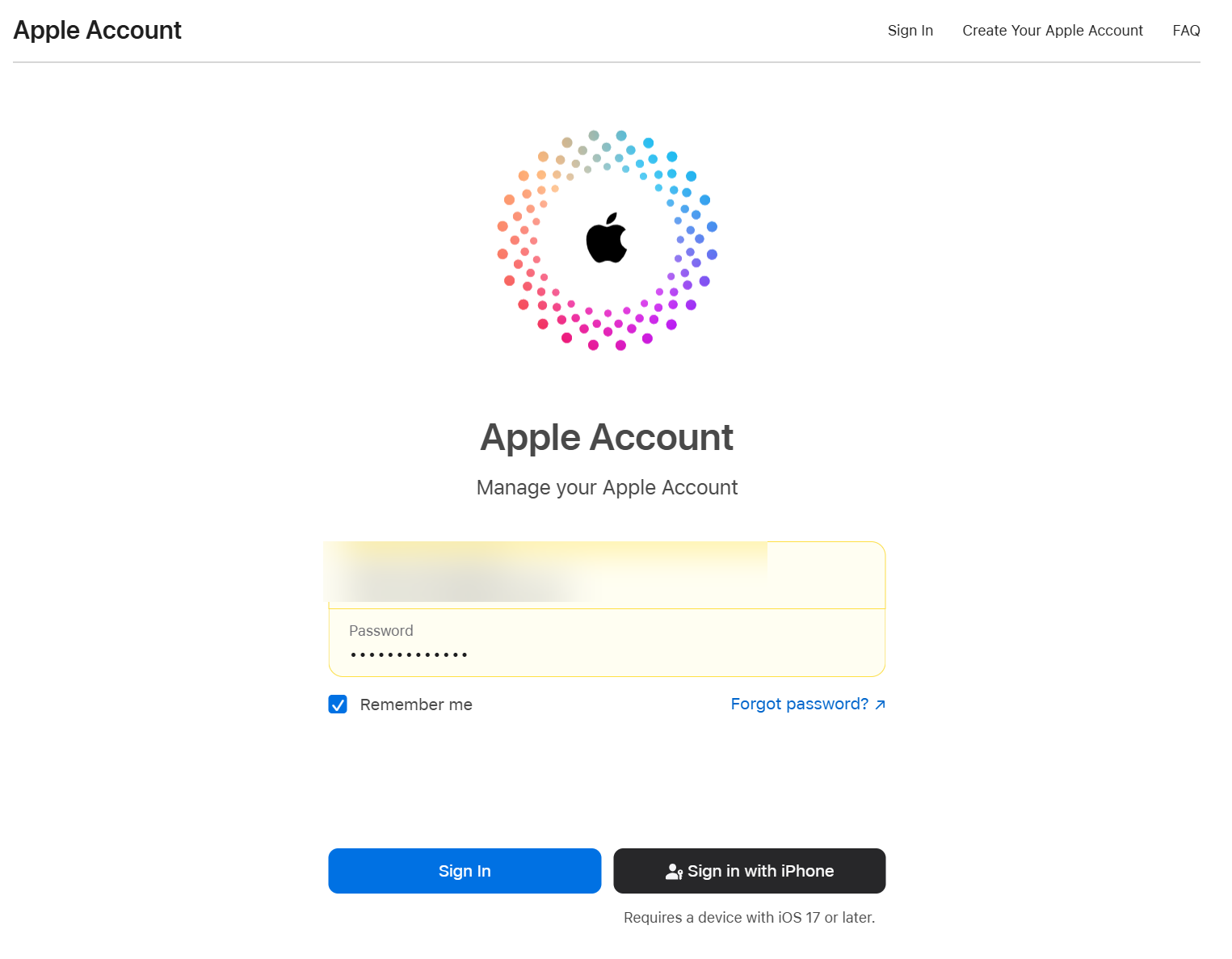 Screenshot: password field with Remember me checkbox