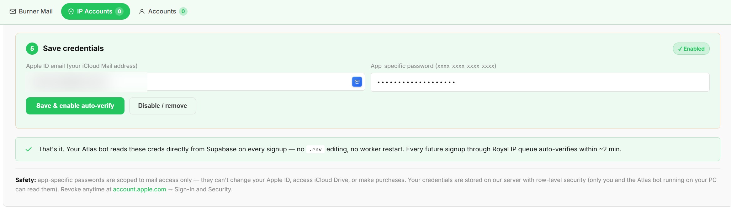 Screenshot: Atlas IP Accounts Save credentials form filled and enabled